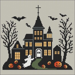 May include: A black and white cross stitch pattern of a spooky Halloween scene with a haunted house, a ghost, bats, trees, and pumpkins.