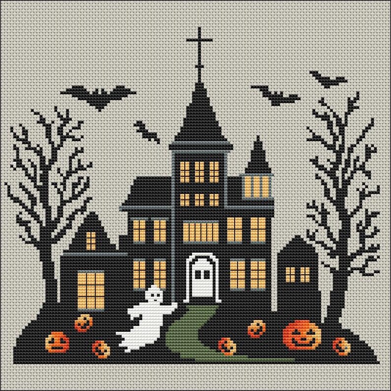 May include: A black and white cross stitch pattern of a spooky Halloween scene with a haunted house, a ghost, bats, trees, and pumpkins.
