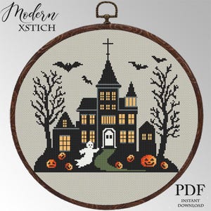 Haunted House cross stitch pattern PDF  Spooky Halloween Digital Pattern Halloween Embroidery, Ghost & Pumpkin Decor