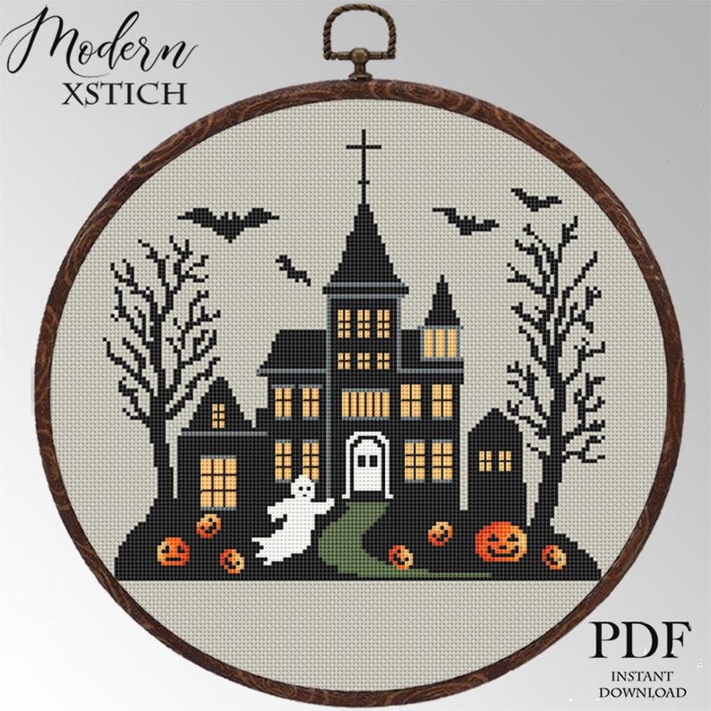 May include: A cross-stitch pattern featuring a spooky Halloween scene with a haunted house, trees, bats, a ghost, and pumpkins. The pattern is in black and white with orange accents. The pattern is in a hoop and labelled "Modern xSTICH" and "PDF Instant Download".