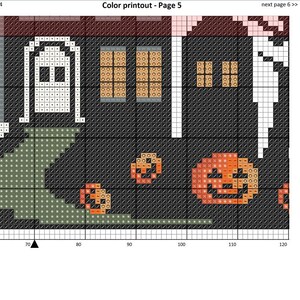 May include: A black and white cross stitch pattern of a spooky Halloween house with orange pumpkins and a ghost. The house has a white door and orange windows. The pattern is on a grid with numbers along the bottom.