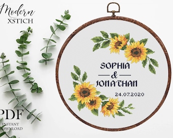 Sunflower Wedding cross stitch pattern personalized Floral wreath  Instant download PDF