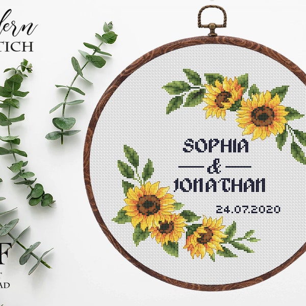 Sunflower Wedding cross stitch pattern personalized Floral wreath  Instant download PDF