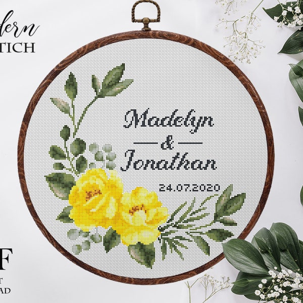 Wedding Cross Stitch Pattern: Personalized Floral Wreath, Yellow Rose (PDF)