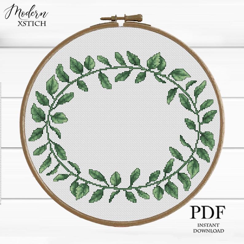 Green Leaf Wreath Cross Stitch Pattern | Minimalist Botanical Frame ...