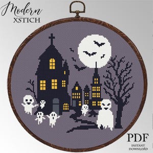 Haunted House cross stitch pattern PDF  Spooky Halloween Digital Pattern Halloween Embroidery, Ghost & Pumpkin Decor