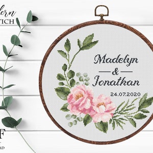 Wedding cross stitch pattern personalized pink rose Floral wreath Instant download PDF