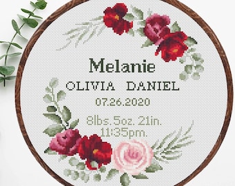 Birth announcement modern cross stitch pattern Floral wreath Birth sampler Baby Personalized  Boy girl nursery decor Custom New baby