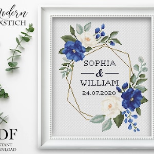 Wedding cross stitch pattern personalized Floral wreath cross stitch pattern blue rose cross stitch Instant download PDF