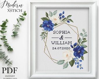 Wedding cross stitch pattern personalized Floral wreath cross stitch pattern blue rose cross stitch Instant download PDF