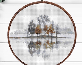 Watercolor Lake & Forest Cross Stitch Pattern: Landscape Embroidery (PDF Pattern)