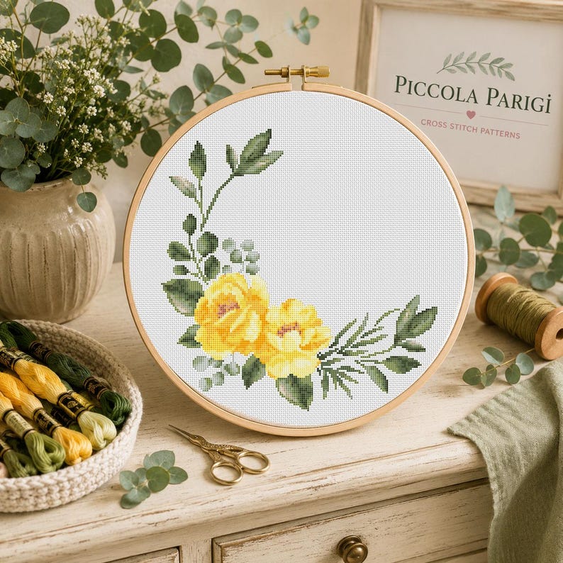 Shading Report.pdf Yellow Roses Cross Stitch Pattern, Floral Wreath Embroidery (PDF ...
