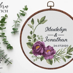 Wedding cross stitch pattern personalized Floral wreath purple rose Instant download PDF