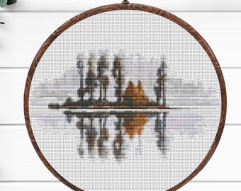 Watercolor Lake and Forest Cross Stitch Pattern (PDF Pattern)