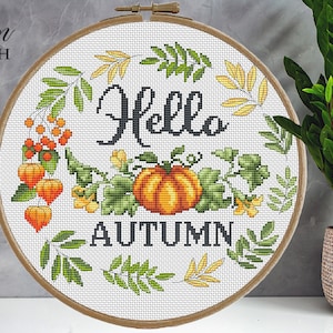 Autumn cross stitch pattern, Pumpkin cross stitch pattern, Fall cross stitch pattern, Halloween cross stitch pattern, Hello autumn