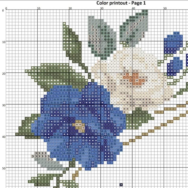 Pu&ograve; includere: Schema di punto croce con un fiore bianco con un centro marrone e un fiore blu con un centro marrone. I fiori sono circondati da foglie verdi e uno stelo marrone.