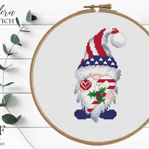 Modern Christmas cross stitch pattern, Patriotic Gnome cross stitch pattern, Merry Christmas cross stitch pattern, PDF