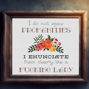 Peut inclure: Broderie au point de croix encadrée dans un cadre en bois. Le tissu blanc présente un motif floral et le texte : "I do not spew PROFANITIES. I ENUNCIATE them clearly, like a FUCKING LADY."