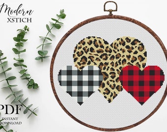 Valentines Hearts Cross Stitch Pattern: Leopard, Plaid (PDF)