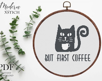 まずはコーヒーを – 黒猫のクロスステッチパターン（PDFダウンロード）
