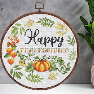 Thanksgiving Pumpkin Cross Stitch Pattern: Autumn Leaves Embroidery (PDF Pattern)
