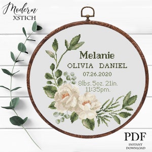 Floral Birth Announcement Cross Stitch Pattern: Personalized Baby Sampler (PDF Pattern)