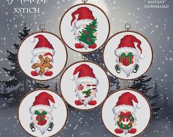 May include: Six cross-stitch patterns featuring gnomes in various holiday poses. Each pattern is framed in a brown hoop and features a white background. The gnomes are wearing red hats and white beards. They are holding a Christmas tree, a gift, a gingerbread man, candy canes, a heart, and a wreath.