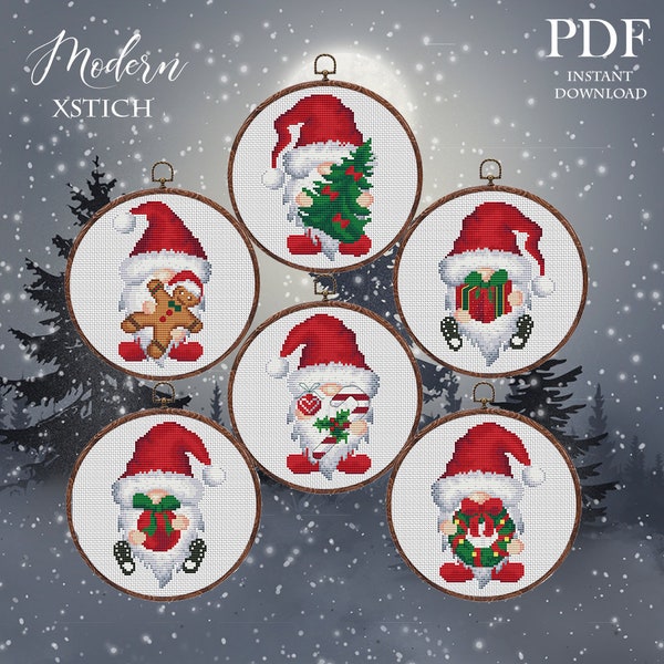 Set Christmas Gnome Cross Stitch Pattern Modern, Easy cross stitch pattern, Instant download PDF set of 6