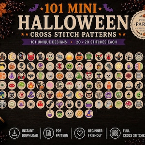 Puede incluir: Una colección digital de 101 mini patrones de punto de cruz de Halloween con iconos como calabazas, fantasmas y calaveras. El texto dice 101 MINI HALLOWEEN CROSS STITCH PATTERNS, 101 UNIQUE DESIGNS, 20 x 20 STITCHES EACH y PICCOLA PARIGI.