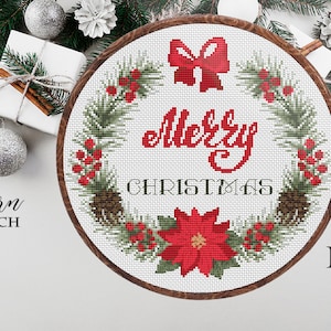 Merry Christmas Cross Stitch Pattern: Modern Holiday Wreath (PDF)