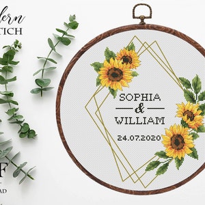 Sunflower Wedding cross stitch pattern personalized Floral wreath  Instant download PDF