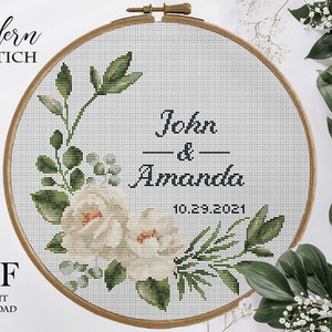 Wedding cross stitch pattern personalized Floral wreath white rose Instant download PDF