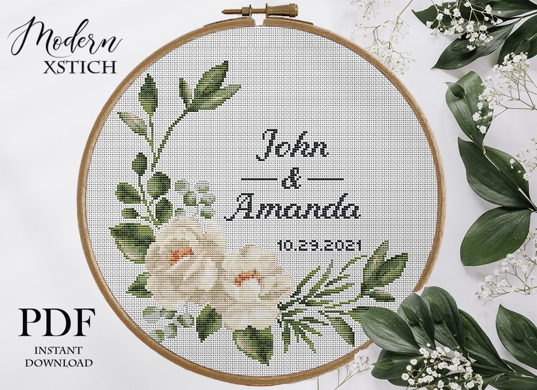 Wedding cross stitch pattern personalized Floral wreath white rose Instant download PDF