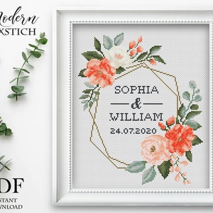 Wedding cross stitch pattern personalized Floral wreath red rose cross stitch pattern peach rose Instant download PDF