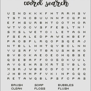 以下が含まれることがあります： 「The Great Bathroom Word Search」というタイトルの白黒の単語検索パズル。パズルには、ブラシ、石鹸、掃除、ローブ、スポンジ、水、フロス、シャワー、トイレ、タオル、泡、フラッシュ、バブルバス、歯ブラシ、歯磨き粉など、バスルーム関連の単語が掲載されています。