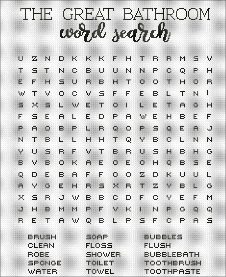 以下が含まれることがあります： 「The Great Bathroom Word Search」というタイトルの白黒の単語検索パズル。パズルには、ブラシ、石鹸、掃除、ローブ、スポンジ、水、フロス、シャワー、トイレ、タオル、泡、フラッシュ、バブルバス、歯ブラシ、歯磨き粉など、バスルーム関連の単語が掲載されています。