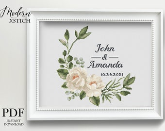 Wedding cross stitch pattern personalized Floral wreath white rose Instant download PDF