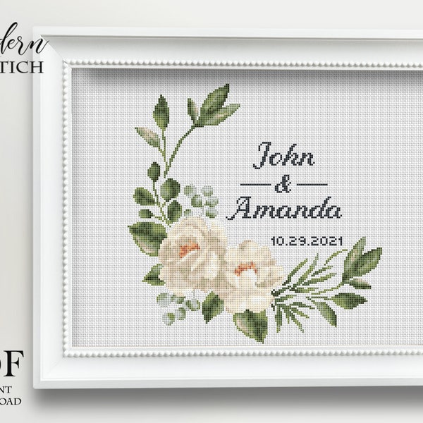 Wedding cross stitch pattern personalized Floral wreath white rose Instant download PDF