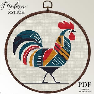 Modern Rooster Cross Stitch Pattern PDF | Colorful Farmhouse Embroidery Design | Instant Download Needlework Chart
