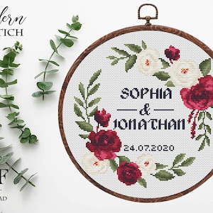 Wedding cross stitch pattern personalized Floral wreath burgundy  white rose Instant download PDF