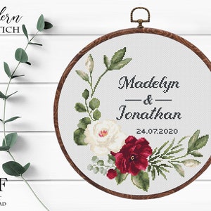 Wedding cross stitch pattern personalized Floral wreath burgundy rose Instant download PDF