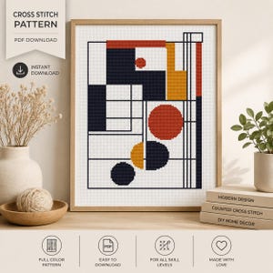 Puede incluir: Un patrón de punto de cruz enmarcado con un diseño geométrico abstracto en negro, azul marino, naranja y amarillo. Incluye el texto "CROSS STITCH PATTERN" y "PDF DOWNLOAD". El diseño es adecuado para todos los niveles de habilidad.