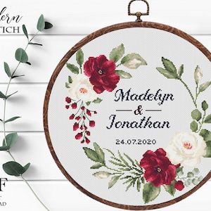 Wedding cross stitch pattern personalized Floral wreath burgundy  white rose Instant download PDF