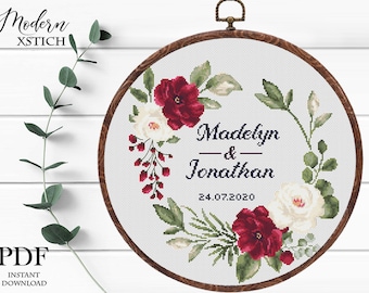 Wedding cross stitch pattern personalized Floral wreath burgundy  white rose Instant download PDF