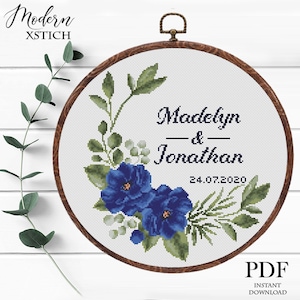 Bruiloft kruissteekpatroon gepersonaliseerde bloemenkrans kruissteekpatroon blauwe bloem kruissteek Instant download PDF