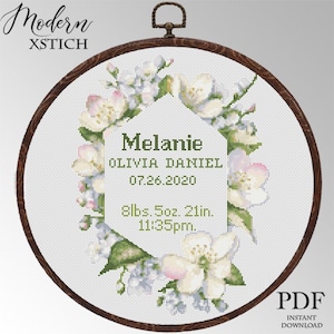 Floral Wreath Birth Announcement Cross Stitch Pattern: Personalized Baby Sampler (PDF Pattern)