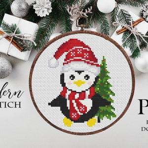 Easy Christmas Penguin Cross Stitch Pattern PDF, Easy Christmas ornament DIY counted cross stitch pattern, Small penguin home decor