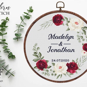 Wedding cross stitch pattern personalized Floral wreath red white rose Instant download PDF