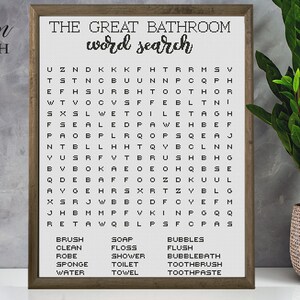以下が含まれることがあります： 「The Great Bathroom Word Search」というタイトルの印刷可能な単語検索パズル。パズルは、バスルームに関連する単語（「ブラシ」、「石鹸」、「バブル」、「フラッシュ」、「ローブ」、「シャワー」、「バブルバス」、「スポンジ」、「トイレ」、「歯ブラシ」、「水」、「タオル」など）を含む文字のグリッドを特徴としています。