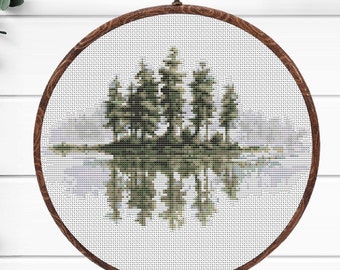 Watercolor Lake and Forest Cross Stitch Pattern: Landscape Embroidery (PDF Pattern)